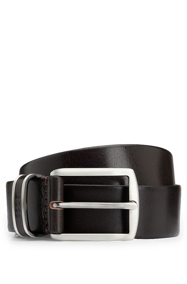 Italian-leather belt with logo-embossed keeper, Dark Brown
