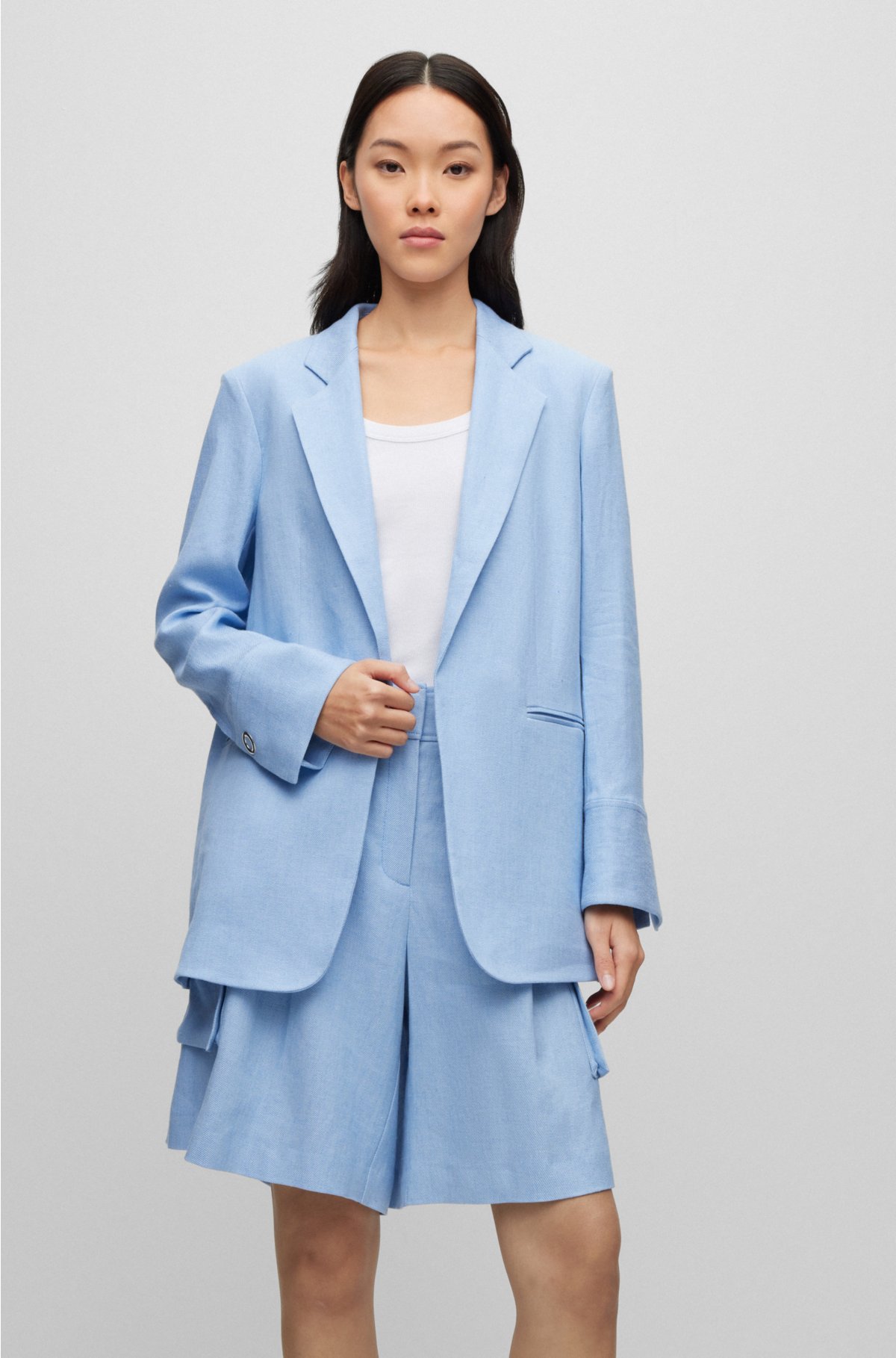 Linen-blend Jacket - Light blue - Ladies