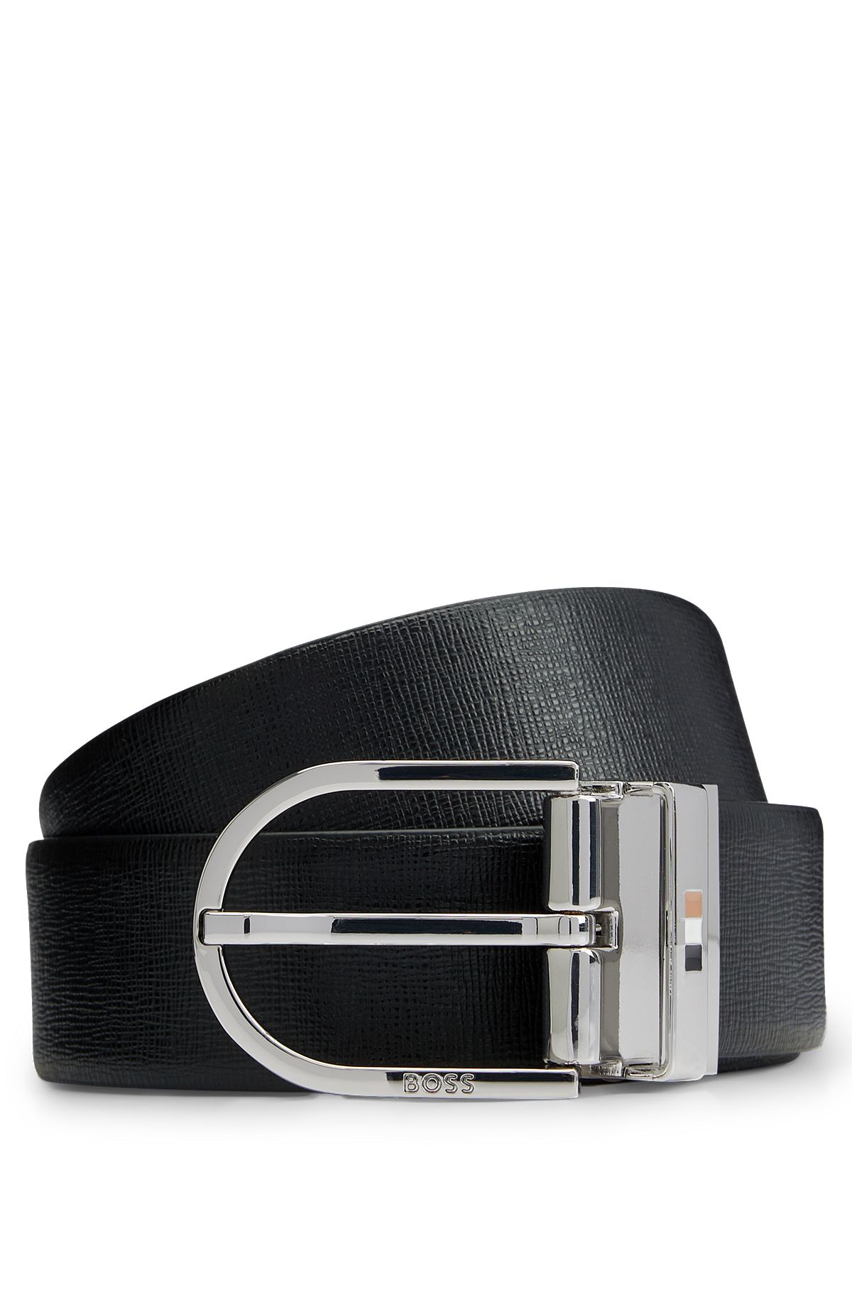 Reversible Italian-leather belt with signature-stripe keeper, Black