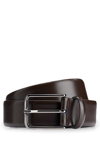 Italian-leather belt with branded pin buckle, Dark Brown