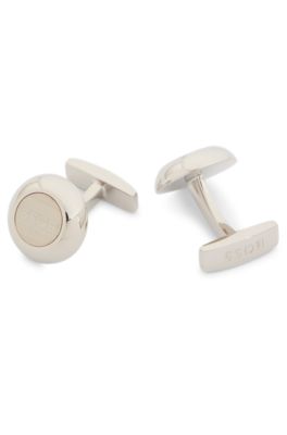 Hugo Boss Round Cufflinks With Brushed Logo And High-shine Finish In Silver