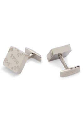 Hugo Boss Square Cufflinks With Logo Pattern In Silver