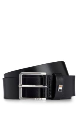 Italian-leather belt with signature-stripe keeper, Black
