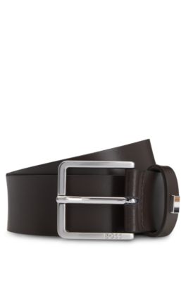Hugo Boss Italian-leather Belt With Signature-stripe Keeper Trim In Dark Brown