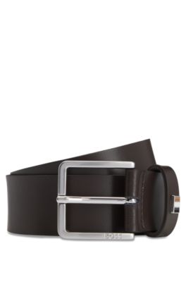 Italian-leather belt with signature-stripe keeper, Dark Brown
