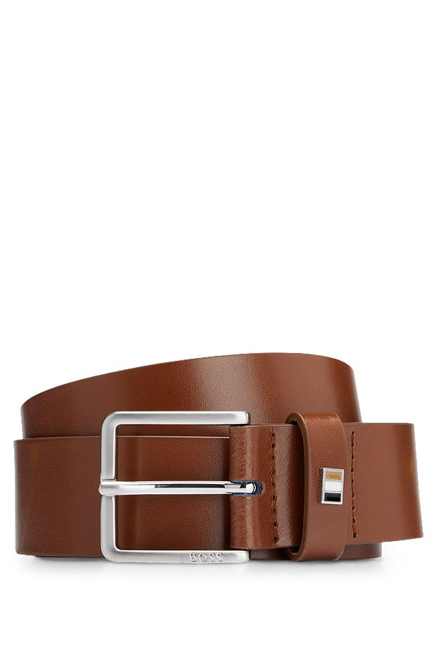 Italian-leather belt with signature-stripe hardware, Brown