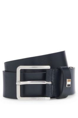 Italian-leather belt with signature-stripe keeper, Dark Blue