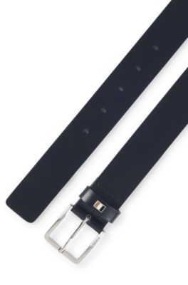 Italian-leather belt with signature-stripe keeper, Dark Blue