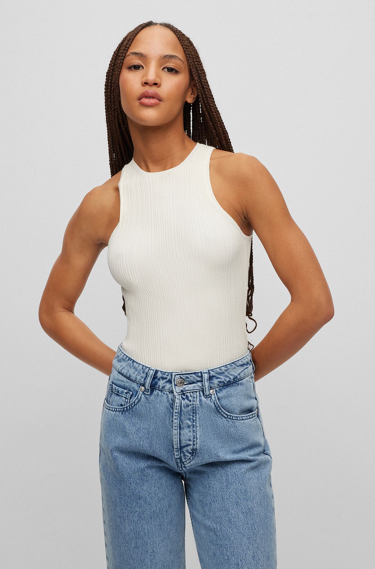 Slim-fit ribbed top with racer back, White