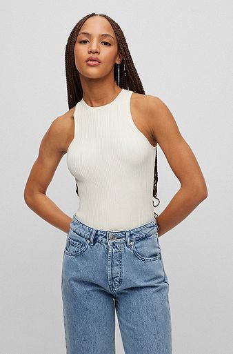 Slim-fit ribbed top with racer back, White