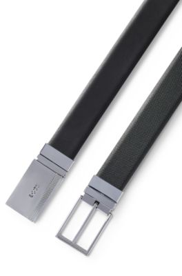 Reversible Italian-leather belt with pin and plaque buckles, Black