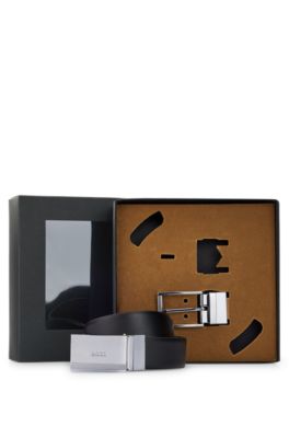 Reversible Italian-leather belt with pin and plaque buckles, Black