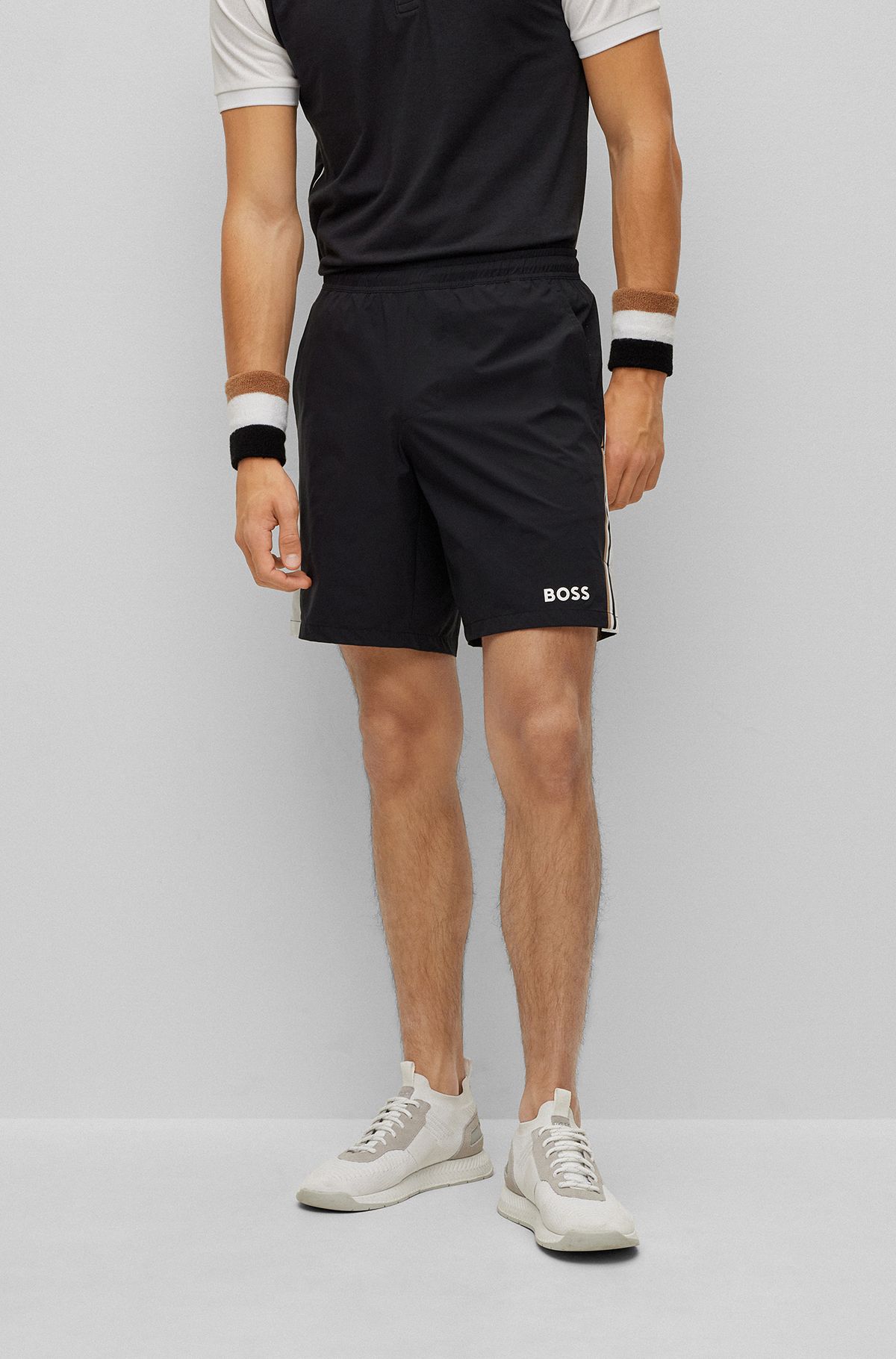 BOSS x Matteo Berrettini Stretch-poplin shorts with signature stripes, Black