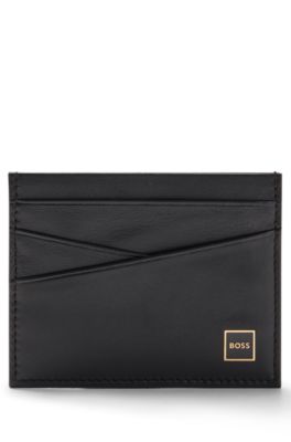 BOSS Leather card holder with logo in gold tone frame