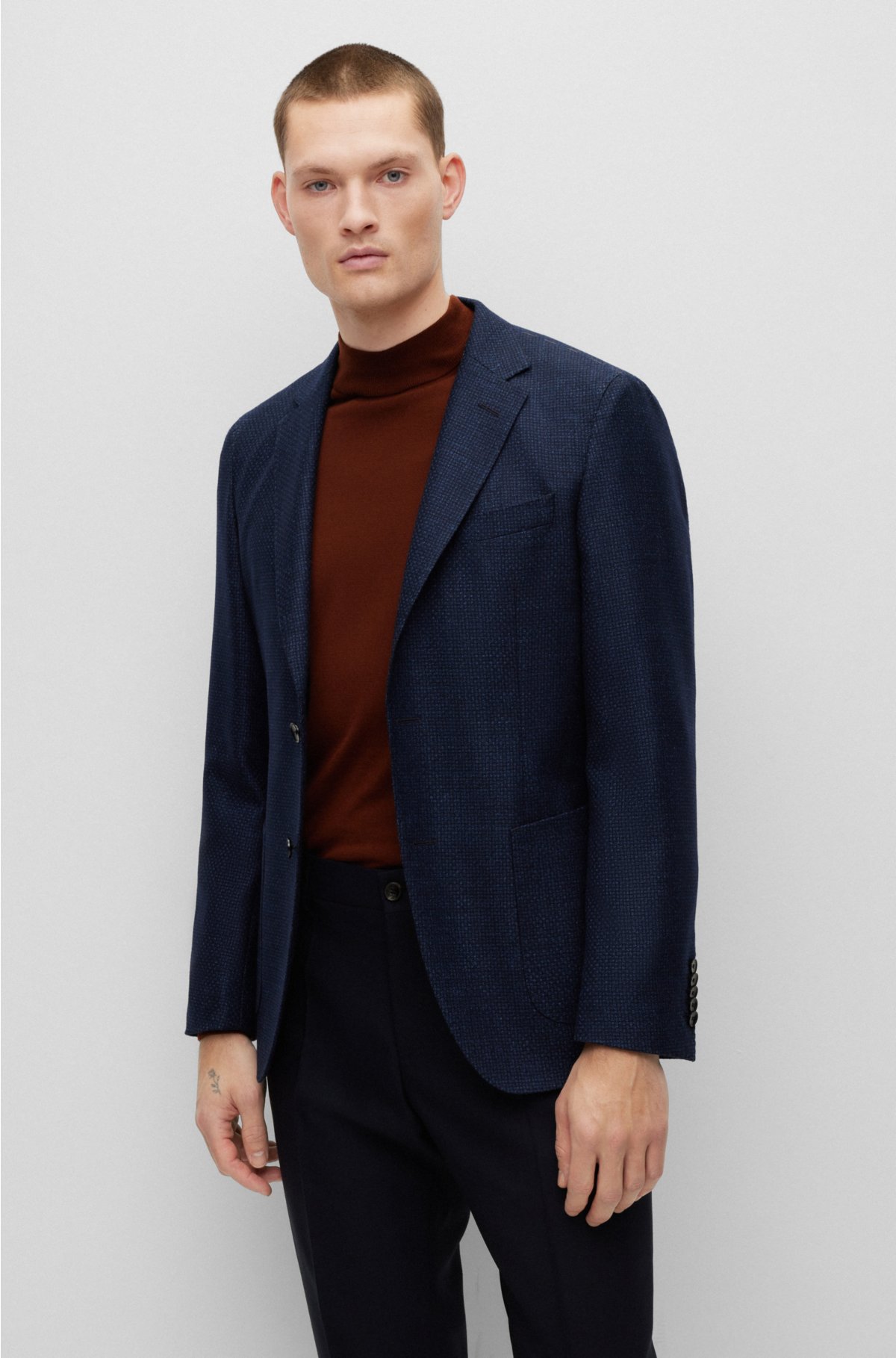 Cropped Jacket Navy Blue Wool and Silk
