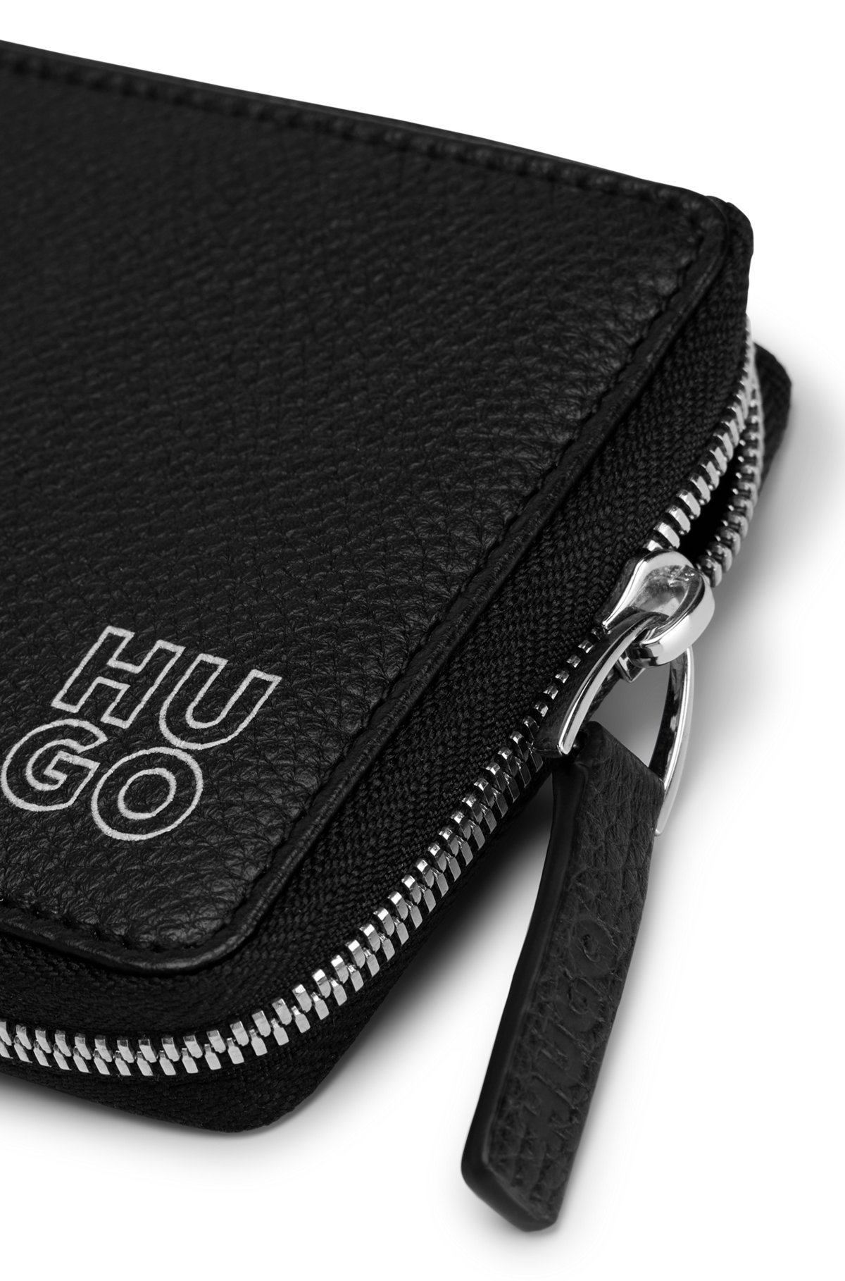 HUGO - Grained-leather zip-up wallet with stacked logo