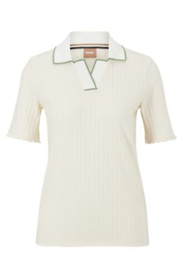 BOSS - Ribbed T-shirt with open polo collar and contrast tipping