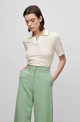 BOSS - Ribbed T-shirt with open polo collar and contrast tipping