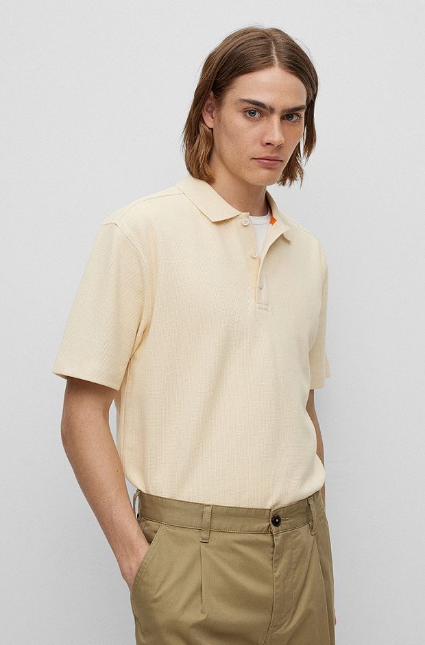 Relaxed-fit cotton-blend polo shirt with waffle structure, Light Beige