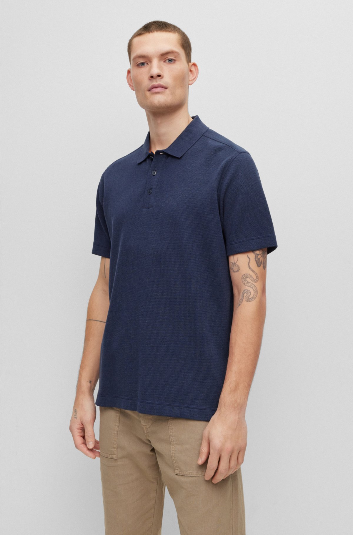 BOSS - Relaxed-fit cotton-blend polo with structure waffle shirt