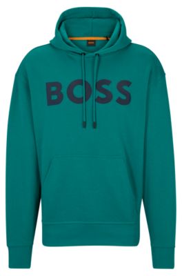 Hugo Boss Logo-print Hoodie In French-terry Cotton In Dark Green