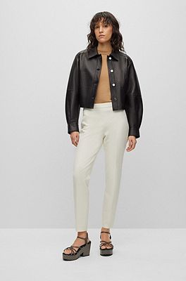 BOSS - Cropped button-up leather jacket bonded with denim