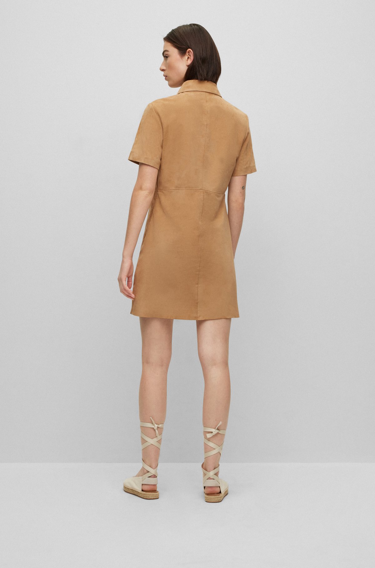 Slim-fit shift dress in suede with frill detail, Light Beige