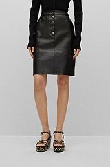 Lamb-leather pencil skirt bonded with denim, Black
