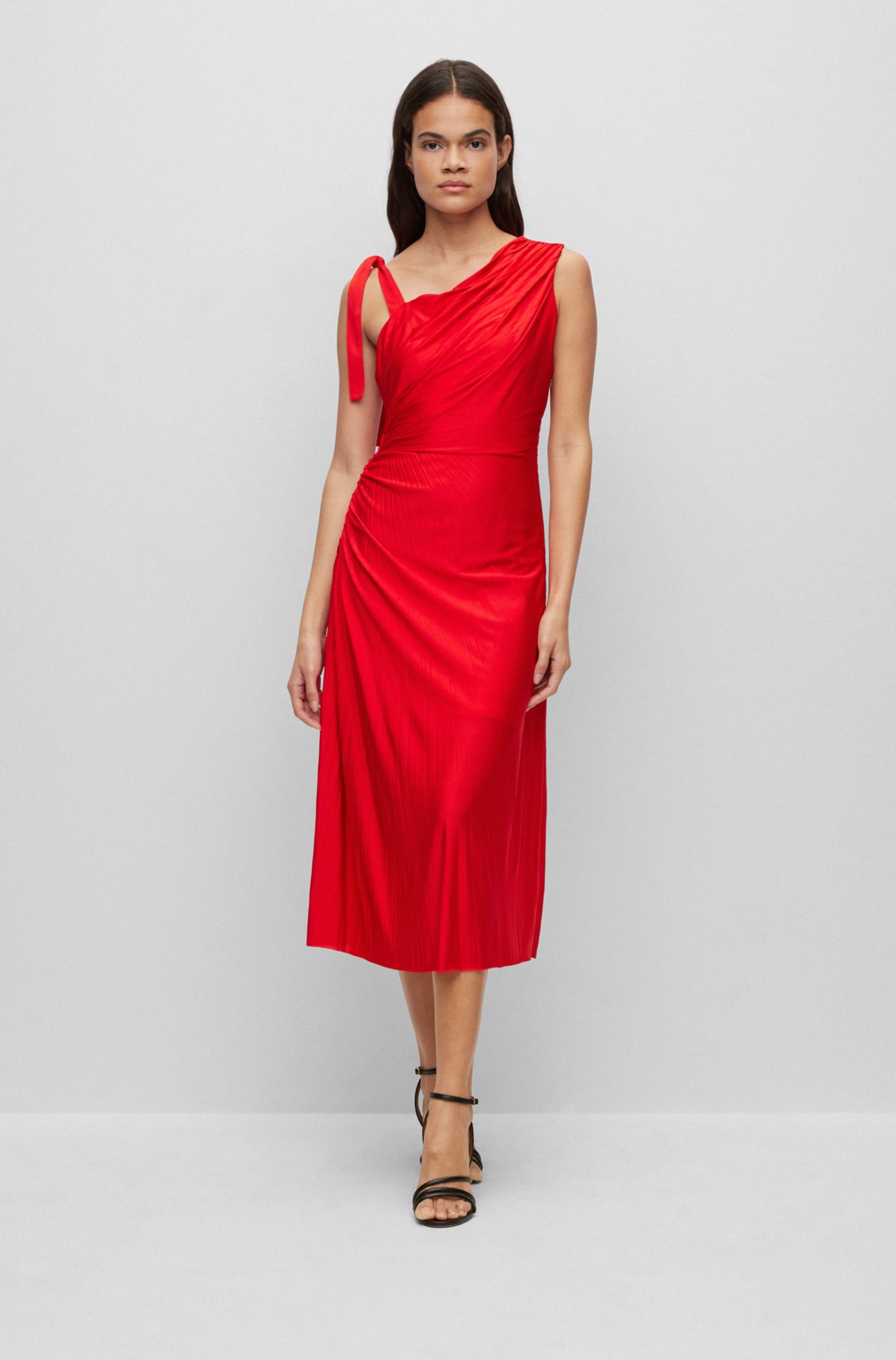 Plisse High Neck Gathered Midi Dress