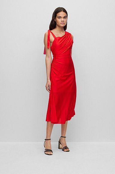 Plissé dress with tie shoulder, Light Red