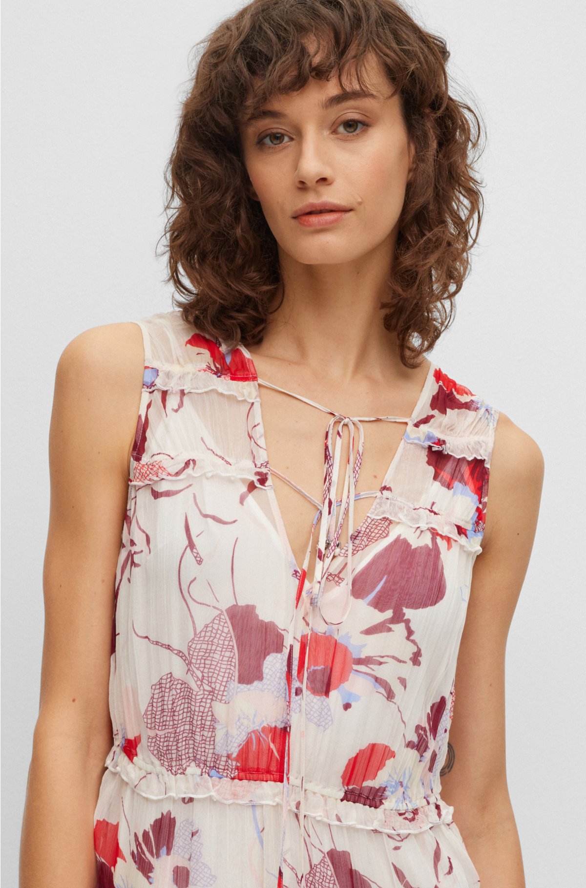 Shop BOSS Long-Sleeved Monogram-Print Dress With Tie Neckline