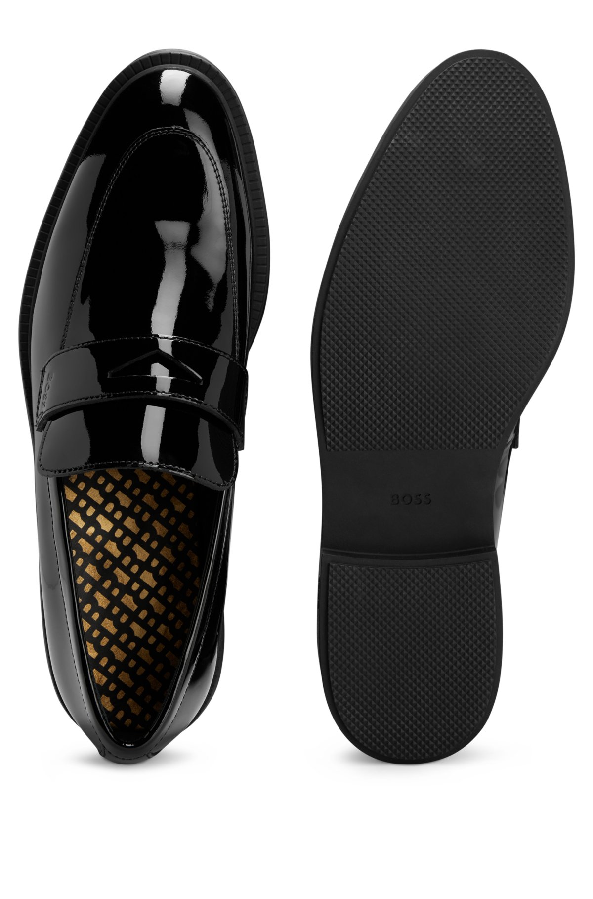 Professor kim Metal linje BOSS - Patent-leather loafers with black-and-gold logo detail