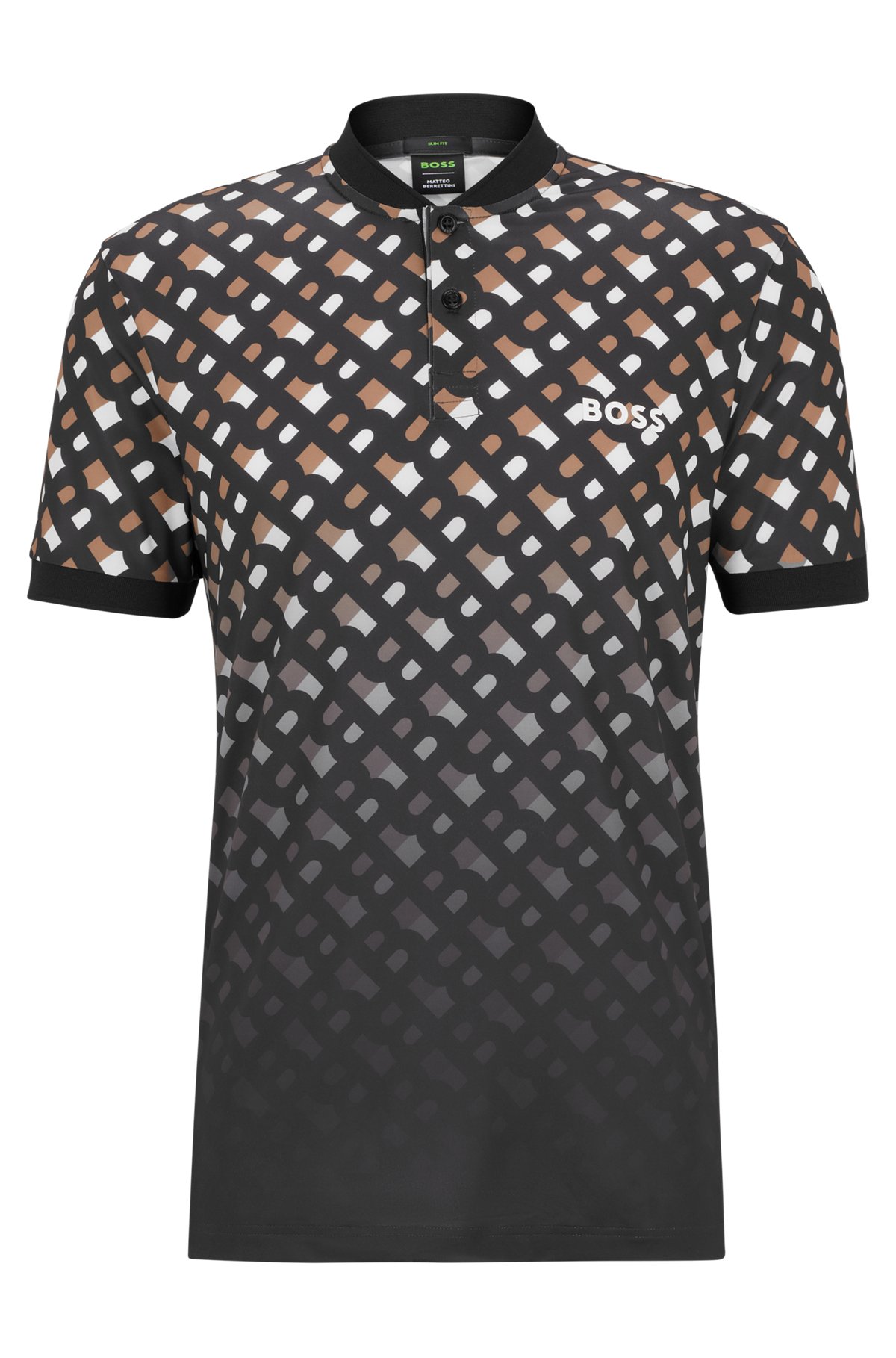 BOSS x Matteo Berrettini degradé monogram-print polo shirt in technical-stretch jersey, Black
