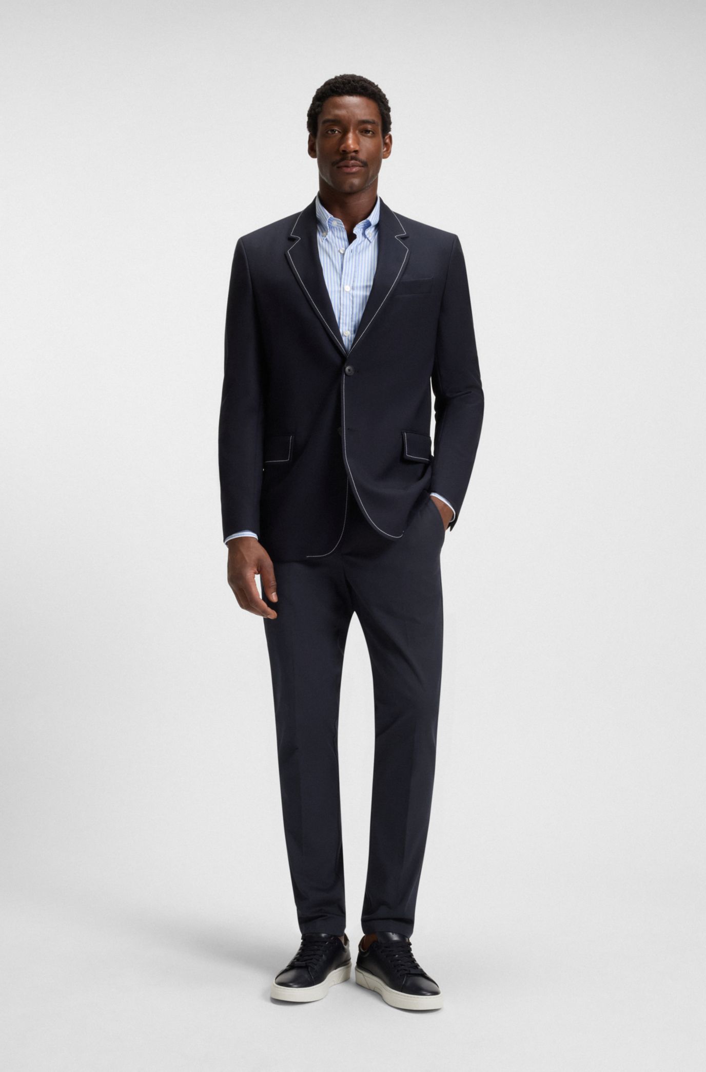 HUGO BOSS ネイビー ストレッチパンツ BOSS - Slim-fit trousers in melange stretch cloth - Dark Blue