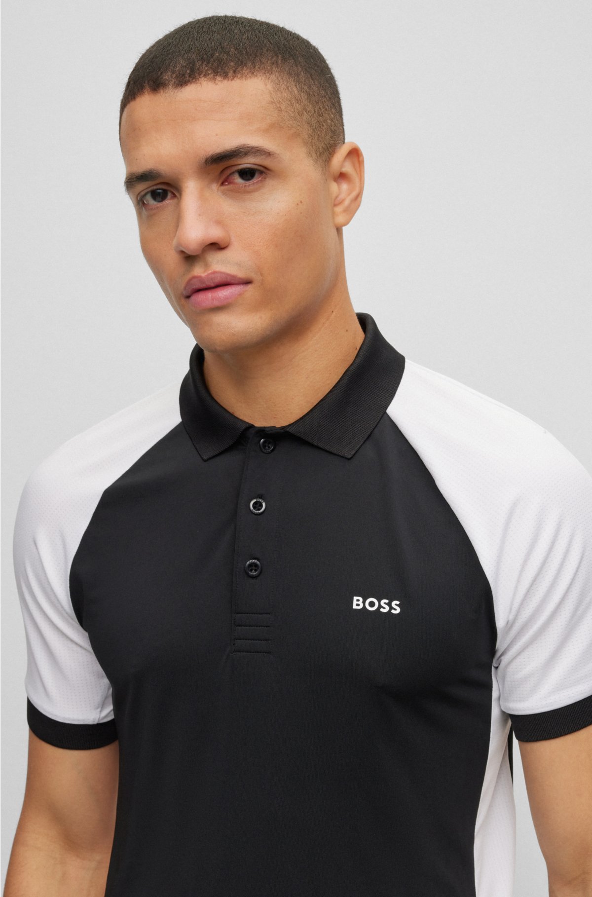 Performance-stretch slim-fit polo shirt with color-blocking, Black