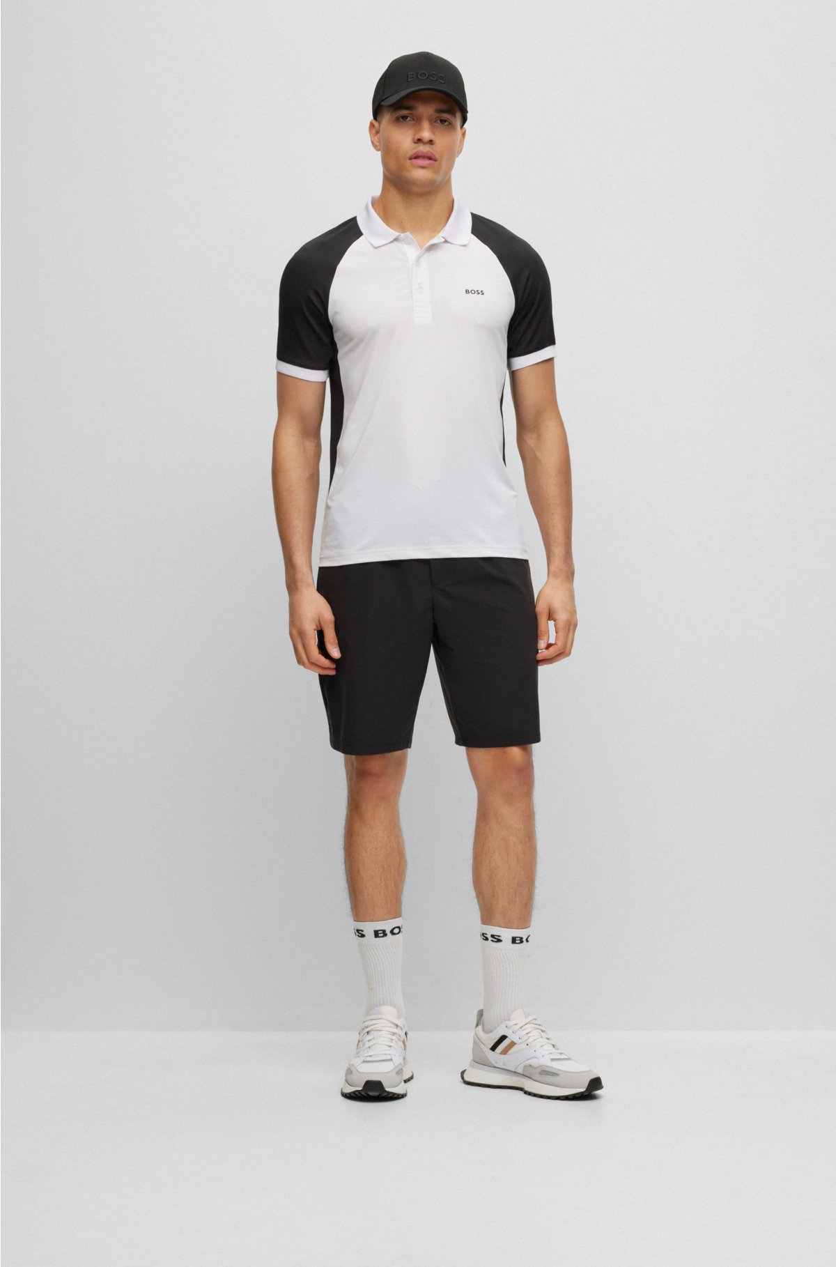 Performance-stretch slim-fit polo shirt with color-blocking, White