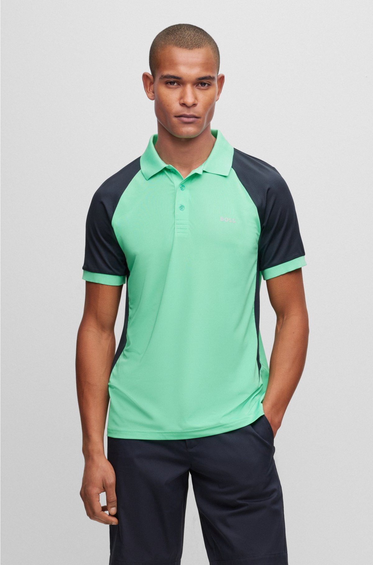 Performance-stretch slim-fit polo shirt with color-blocking, Light Green