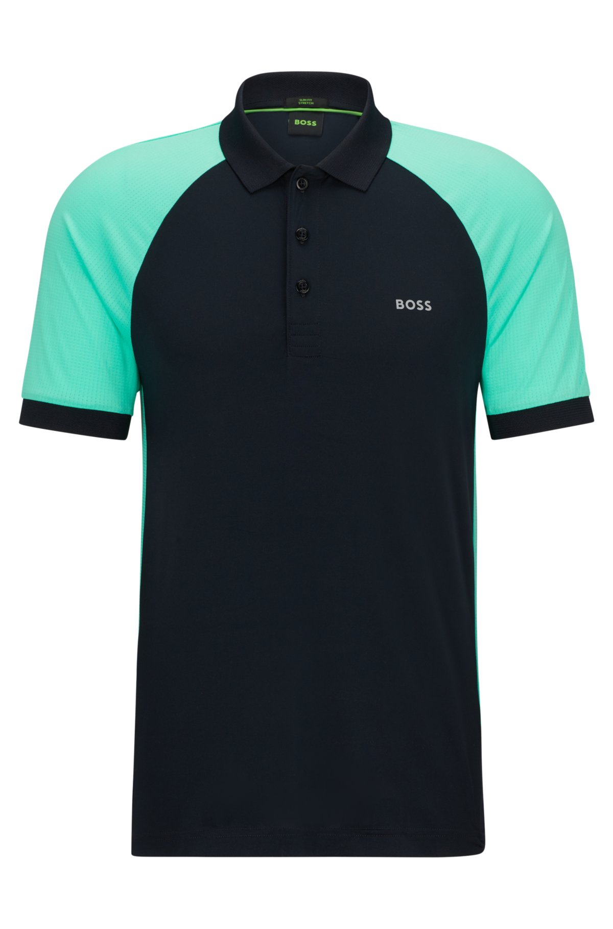 Performance-stretch slim-fit polo shirt with color-blocking, Dark Blue
