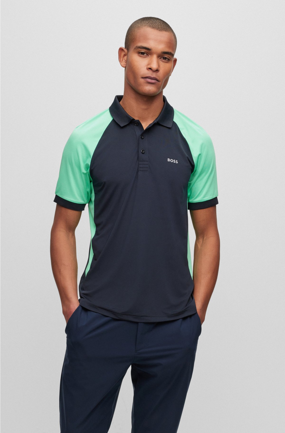 Performance-stretch slim-fit polo shirt with color-blocking, Dark Blue