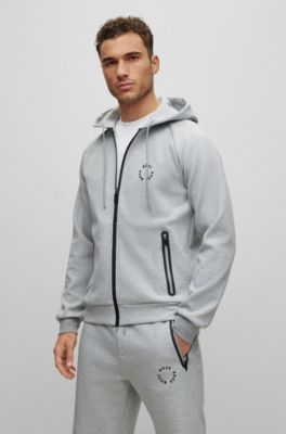 Hugo Boss Cotton-blend Zip-up Hoodie With Raised Logos In Light Grey