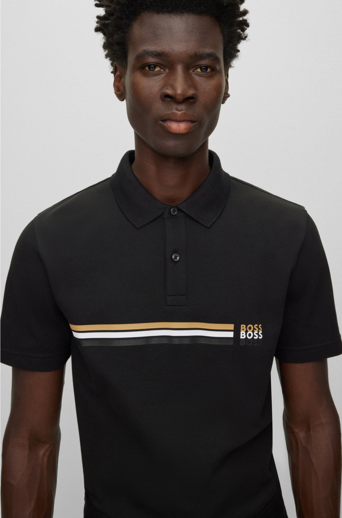 BOSS - Mercerised-cotton polo shirt with signature stripe and logos