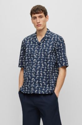 Hugo Boss Regular-fit Shirt In Printed Cotton Muslin In Dark Blue