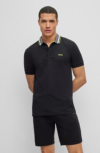 Cotton-blend slim-fit polo shirt with logo collar, Black
