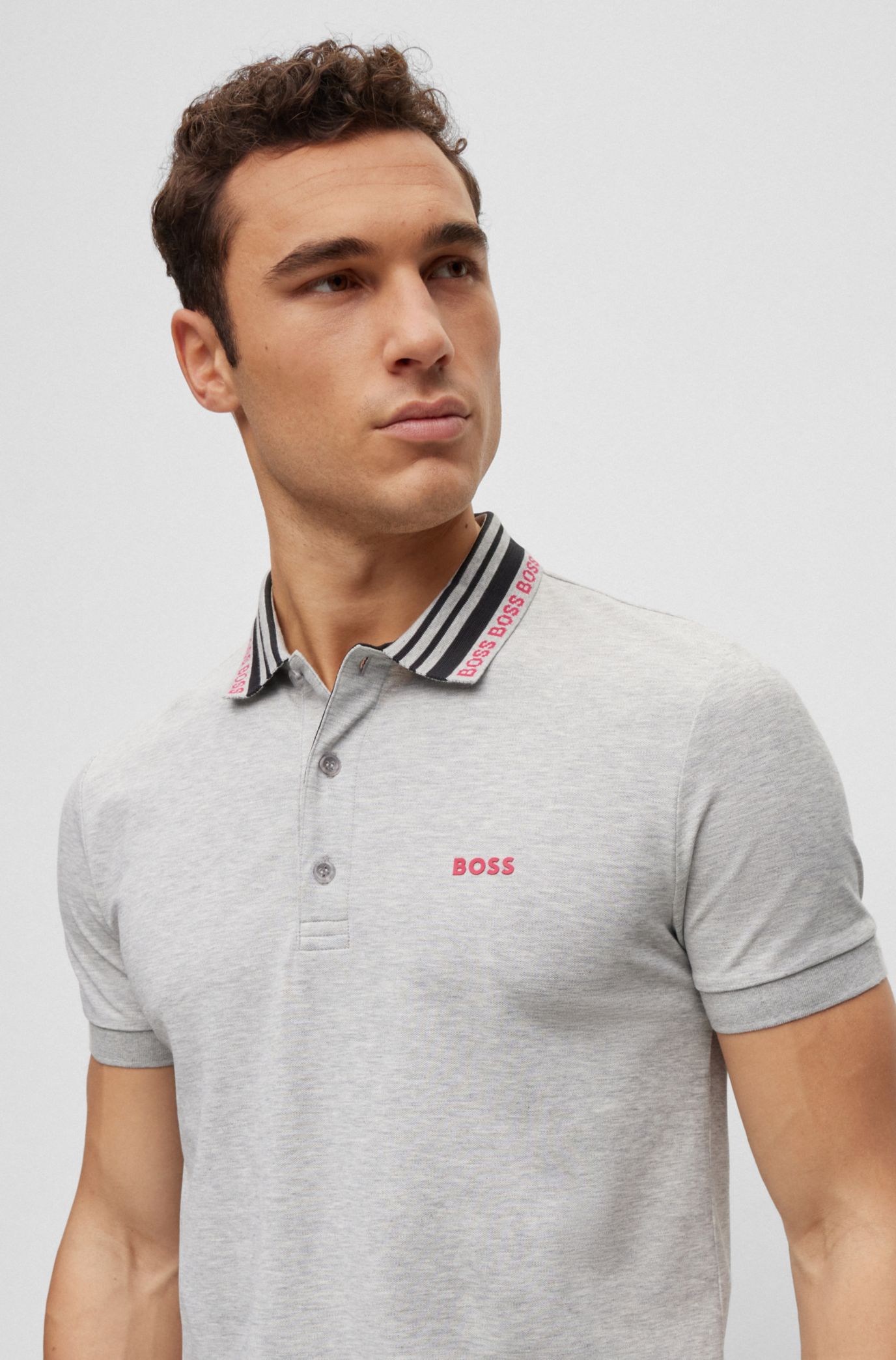 BOSS - Cotton-blend slim-fit polo shirt with logo collar