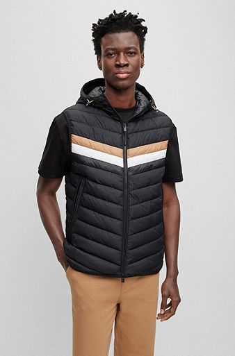 Water-repellent hooded gilet with signature stripe, Black