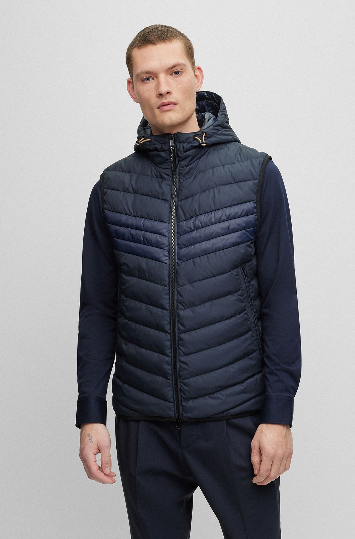Water-repellent hooded gilet with signature stripe, Dark Blue