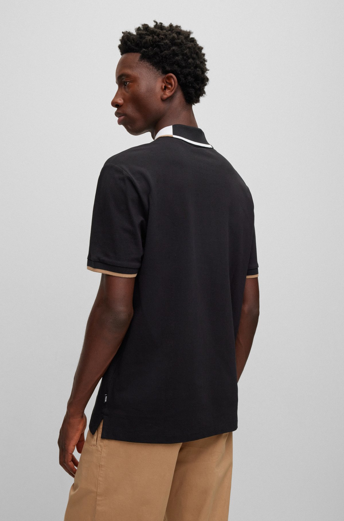 Cotton-piqué polo shirt with color-blocked collar, Black