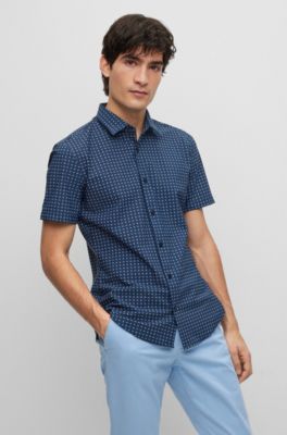 Hugo Boss Slim-fit Shirt In Printed Performance-stretch Jersey In Dark Blue