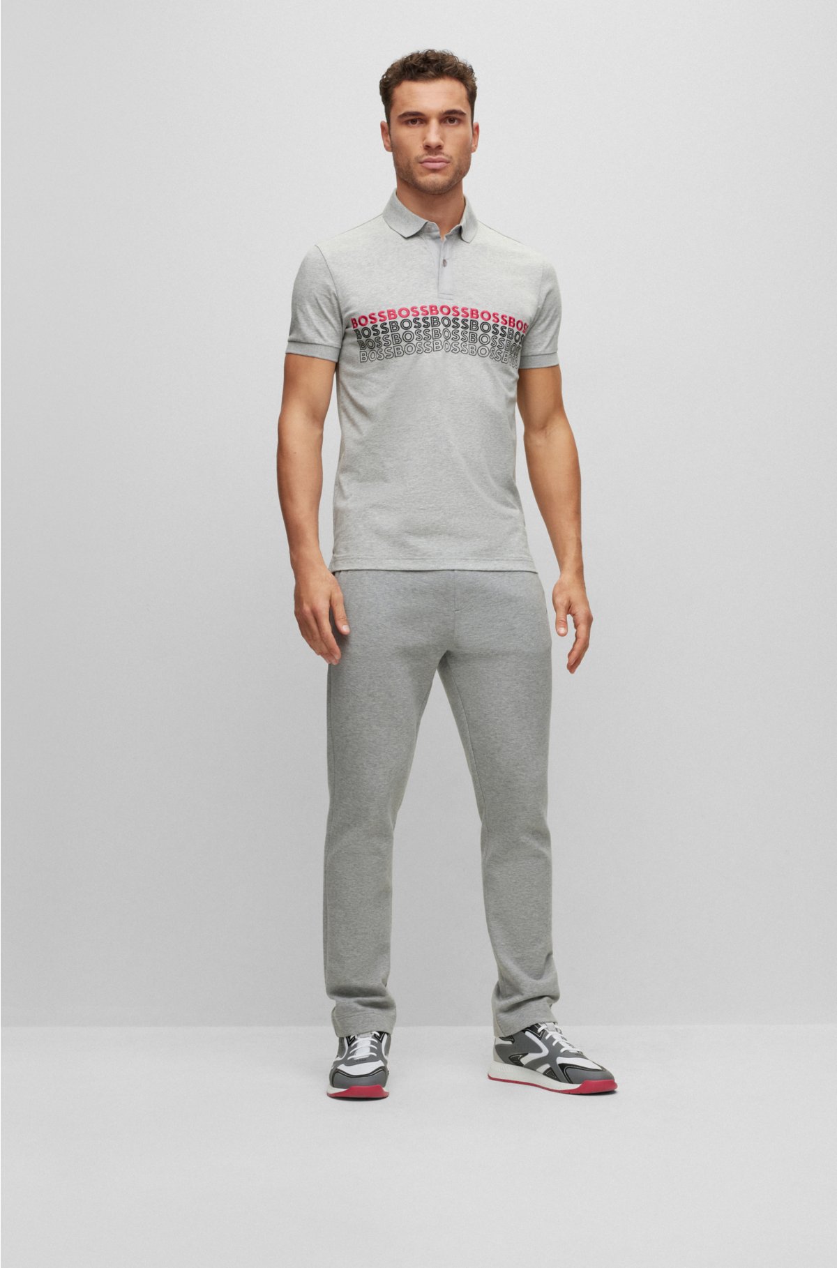 Cotton-blend polo shirt with embroidered logos, Light Grey