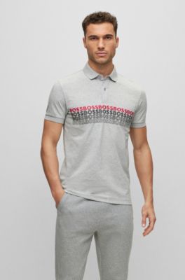 Shop Hugo Boss Cotton-blend Polo Shirt With Embroidered Logos In Light Grey